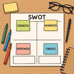 Template matriks SWOT siap digunakan untuk menganalisis berbagai kondisi bisnis dan strategi