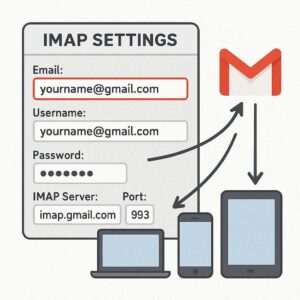 illustration of IMAP email settings panel with Gmail fields filled, arrows pointing from Gmail to devices (laptop, phone, tablet)