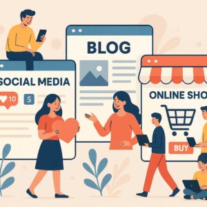 modern illustration of people interacting with social media, blogs, and online shopping on large web browsers