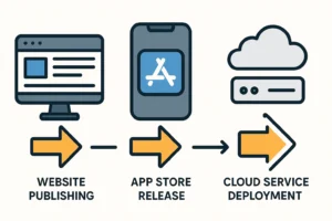 Beragam contoh proses deploy dalam dunia nyata seperti web, aplikasi, dan layanan cloud