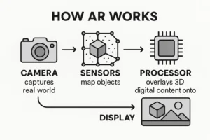 Cara kerja AR reality mulai dari kamera, sensor, hingga munculnya objek digital di layar