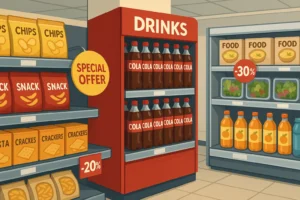 Contoh nyata media POP produk makanan dan minuman di area supermarket