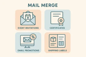 Contoh penerapan mail merge dalam undangan, sertifikat, email promosi, dan label pengiriman
