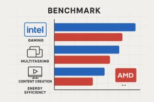 Ilustrasi benchmark Intel vs AMD berdasarkan kebutuhan seperti gaming dan multitasking
