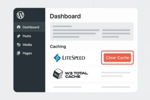 Ilustrasi dashboard WordPress dengan plugin cache populer dan tombol “Clear Cache” yang ditandai jelas
