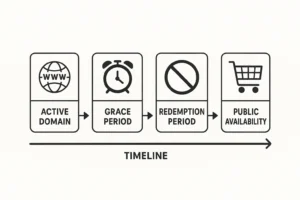 Infografik alur status domain dari aktif hingga tersedia kembali setelah expired
