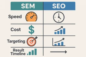 Perbandingan antara SEM dan SEO dalam hal kecepatan, biaya, dan cakupan target audiens