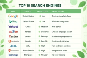 Perbandingan fitur utama dari 10 contoh search engines paling populer
