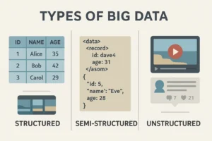 Perbandingan jenis-jenis data dalam karakteristik big data terstruktur, semi-terstruktur, dan tidak terstruktur