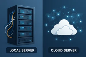 Perbandingan visual antara server lokal fisik dan server cloud modern dalam pengelolaan data