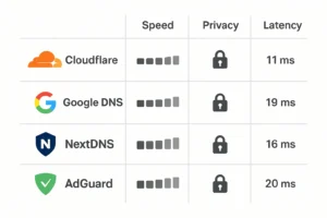 Tabel perbandingan penyedia DNS pribadi tercepat dan fitur-fiturnya
