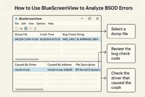 Tampilan alat BlueScreenView untuk menganalisis kode error bluescreen dan menemukan penyebabnya