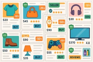 Tampilan khas marketplace yang penuh dengan produk dari berbagai penjual dan fitur diskon