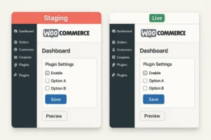Contoh situasi ketika update WooCommerce diuji di lingkungan staging sebelum diterapkan ke live site