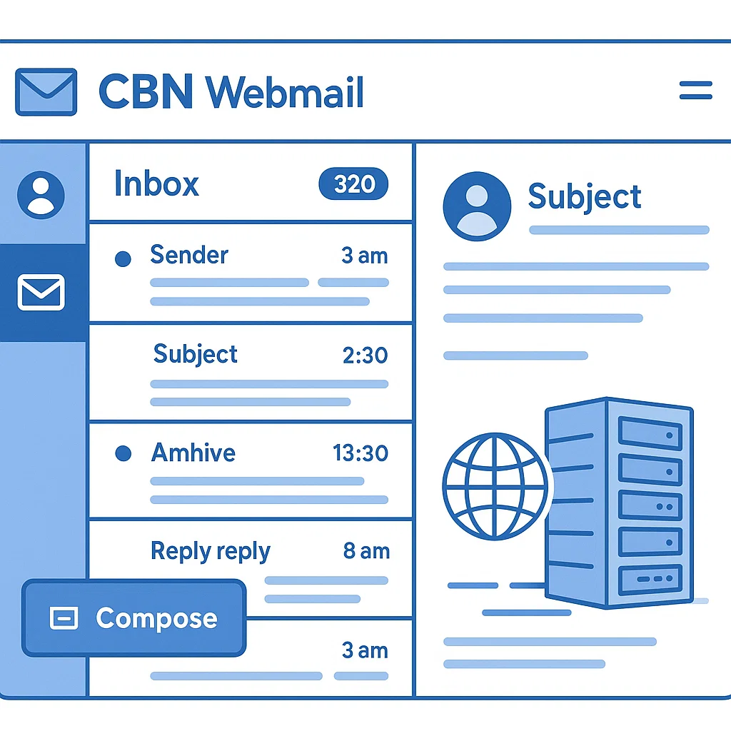 Antarmuka layanan CBN Webmail yang dapat diakses melalui browser oleh pelanggan ISP CBN