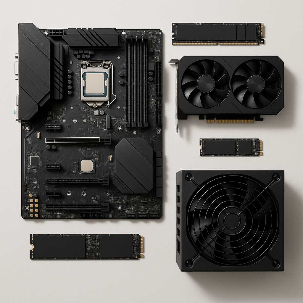 Berbagai komponen utama komputer yang saling terhubung membentuk satu sistem kerja yang utuh