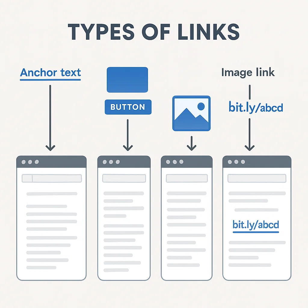 Contoh berbagai jenis link teks, tombol, gambar, dan link pendek