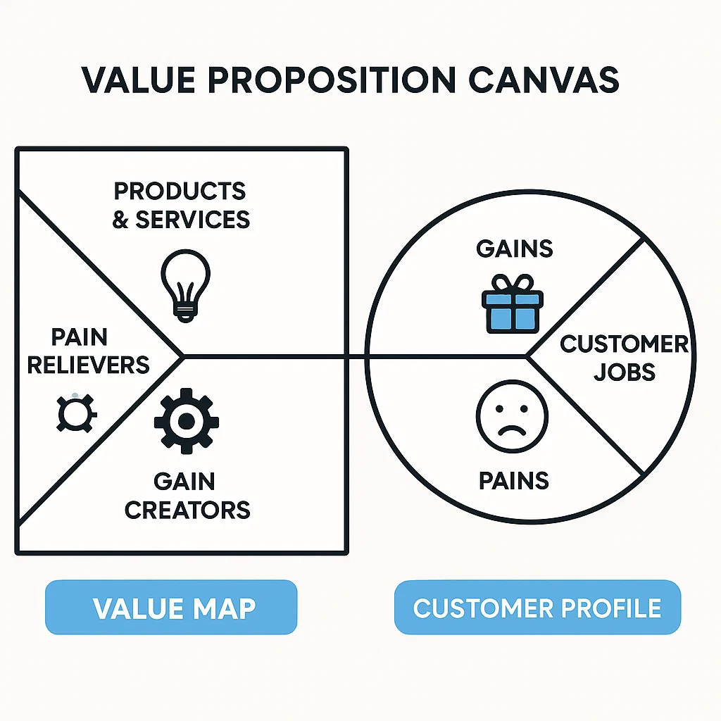 Diagram Value Proposition Canvas dengan elemen customer profile dan value map untuk strategi produk dan pemasaran