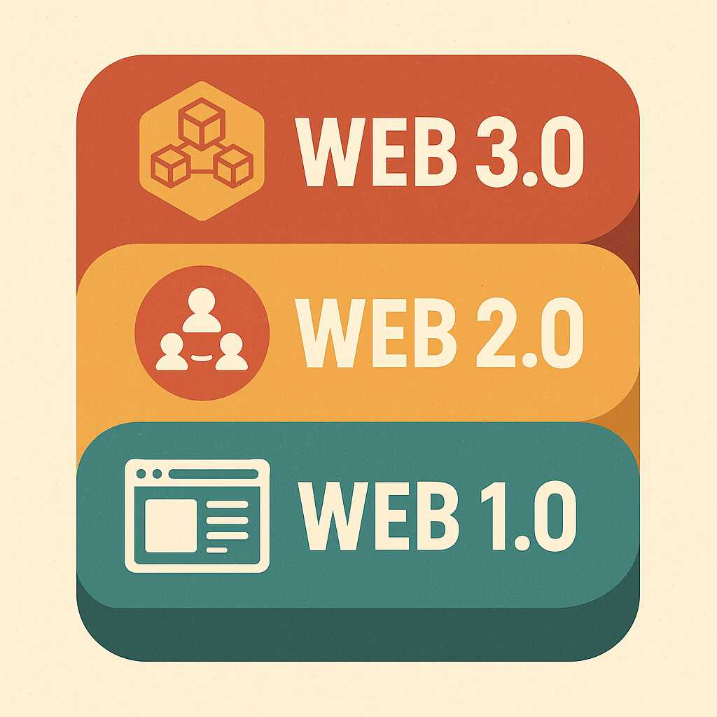 Evolusi web dari Web 1.0 yang statis, ke Web 2.0 yang interaktif, hingga Web 3.0 yang canggih dan terdesentralisasi