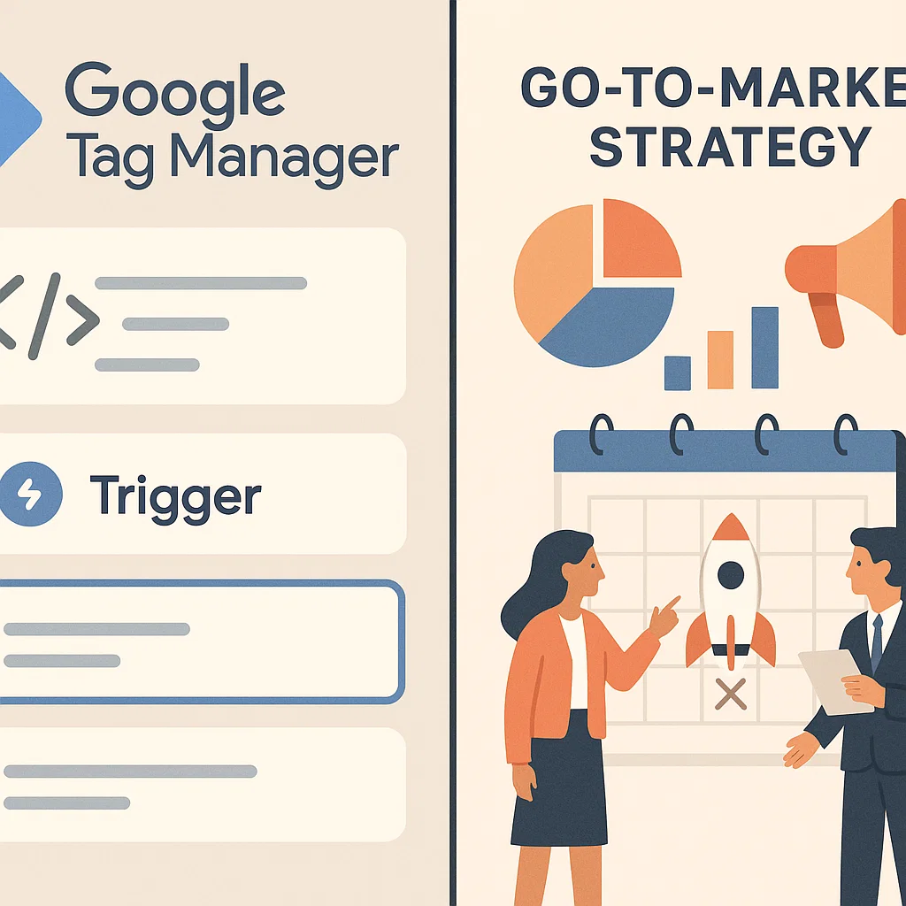 Gambaran dua makna GTM sebagai alat teknis Google Tag Manager dan sebagai strategi Go-To-Market untuk peluncuran produk