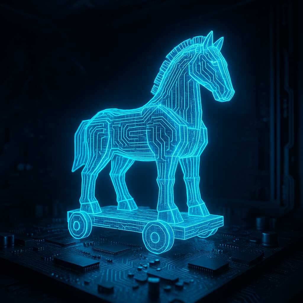 Gambaran visual Trojan Horse digital—ancaman tersembunyi dalam sistem komputer modern