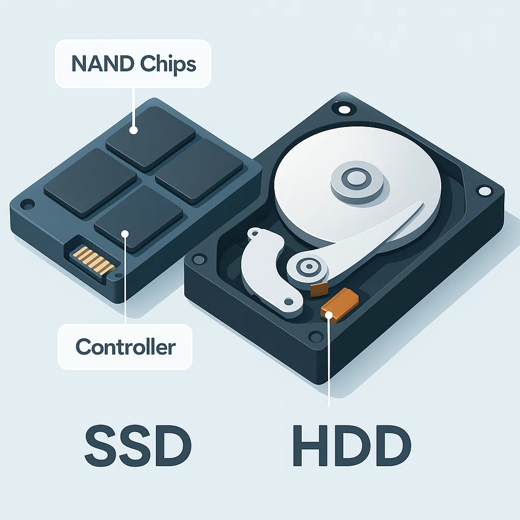 Ilustrasi SSD modern dan HDD klasik sebagai perbandingan media penyimpanan