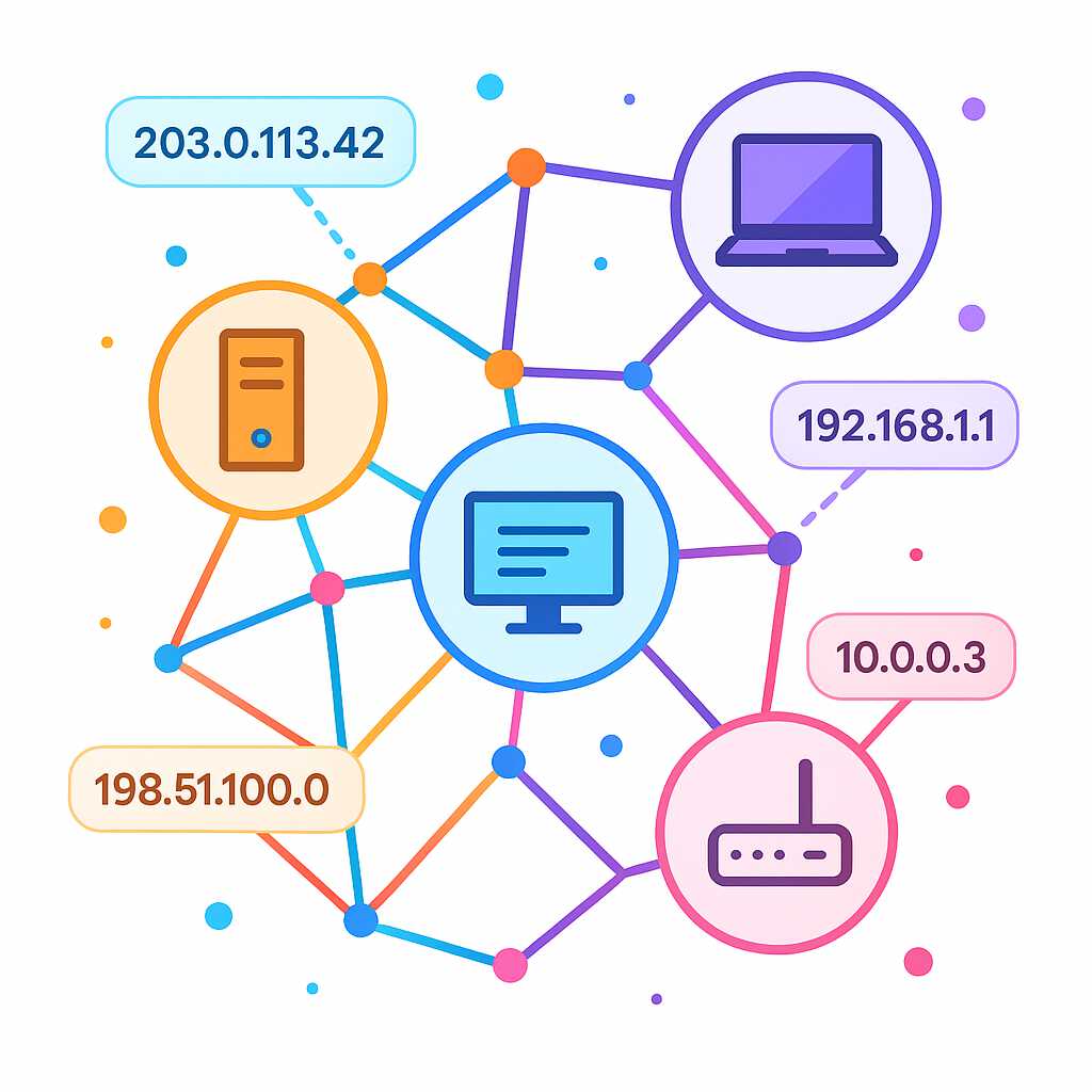 Ilustrasi abstrak jaringan komputer dengan label IP address