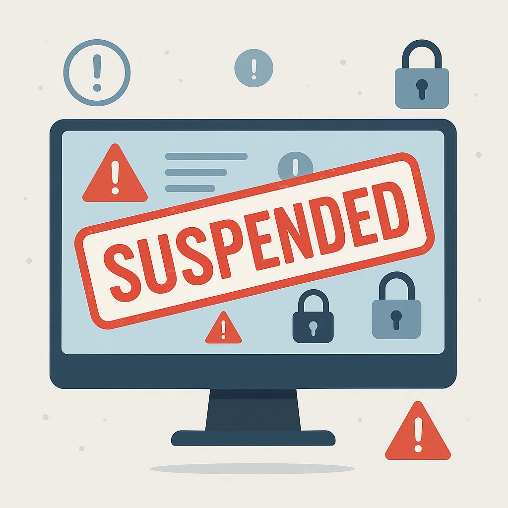 Ilustrasi akun atau sistem digital yang sedang disuspend dengan ikon peringatan dan keamanan