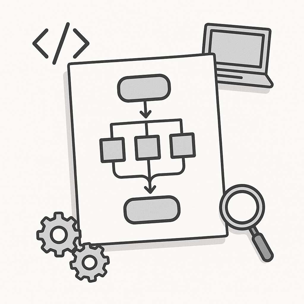 Ilustrasi alur kerja algoritma dalam bentuk diagram sederhana dan ikon teknologi