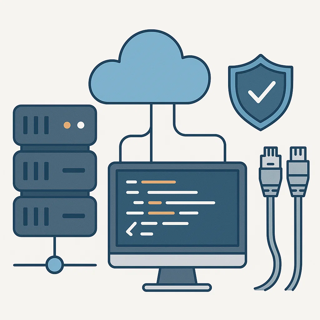 Ilustrasi berbagai elemen dalam dunia IT seperti server, cloud, keamanan siber, dan coding