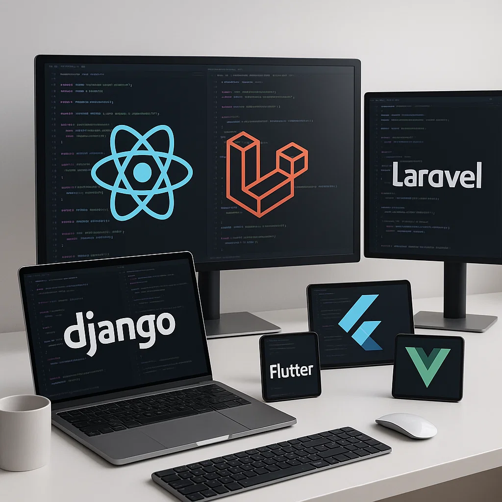 Ilustrasi berbagai framework populer dari frontend hingga backend