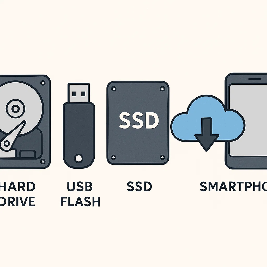 Ilustrasi berbagai jenis storage digital hard drive, cloud, dan perangkat mobile