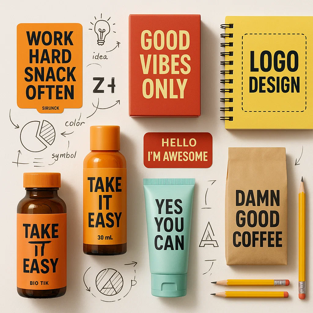 Ilustrasi berbagai kemasan produk dengan slogan yang kreatif dan menarik perhatian