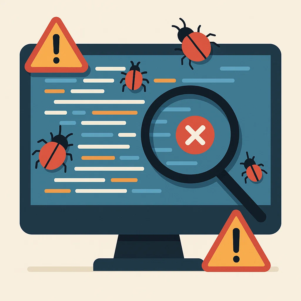 Ilustrasi bug perangkat lunak yang muncul di layar kode komputer dan proses debugging