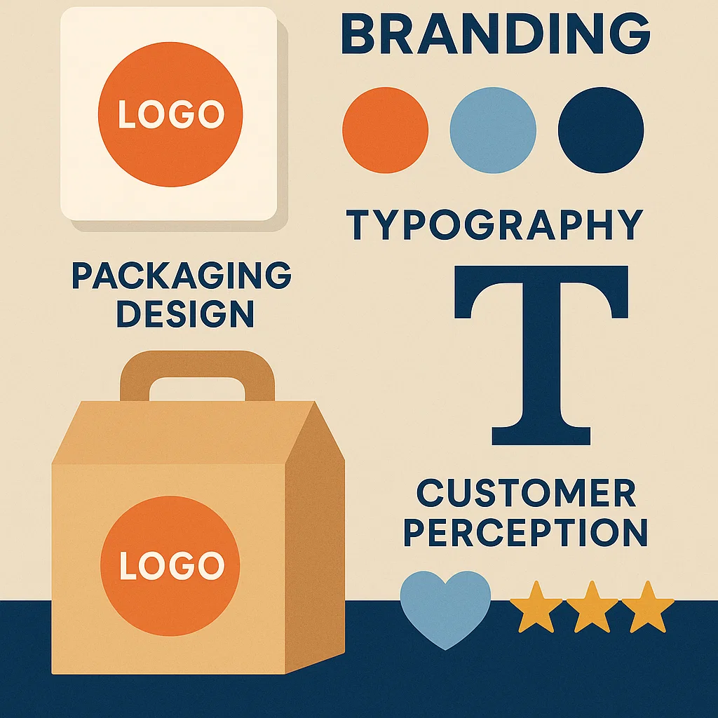 Ilustrasi elemen branding seperti logo, warna brand, dan persepsi pelanggan