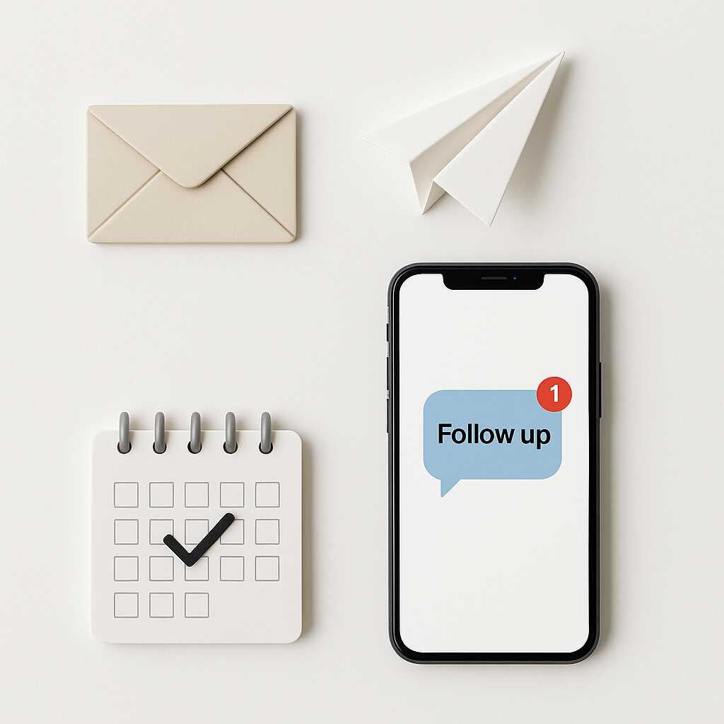 Ilustrasi follow up digital lewat pesan, email, dan reminder