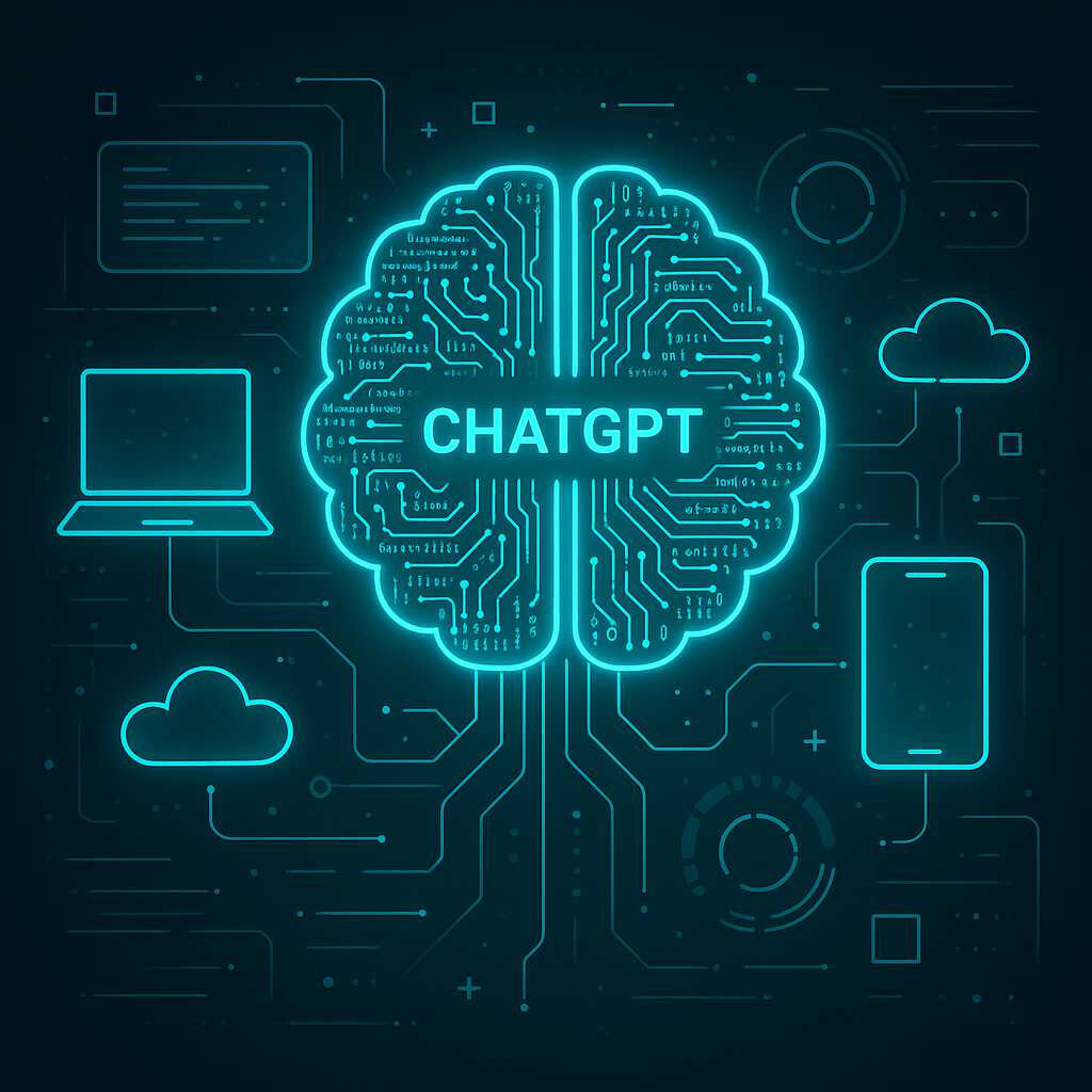 Ilustrasi futuristik ChatGPT sebagai otak digital AI yang terhubung dengan berbagai perangkat