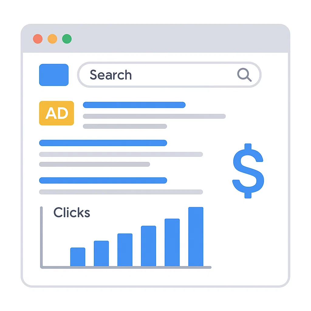 Ilustrasi halaman mesin pencari dengan iklan berbayar yang muncul di posisi atas hasil pencarian