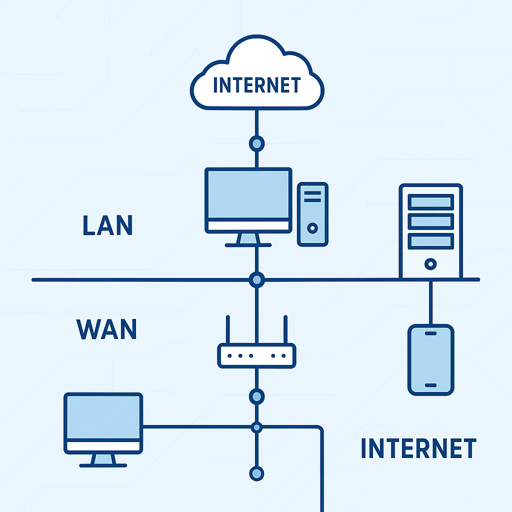 Ilustrasi jaringan komputer dari lokal hingga internet global