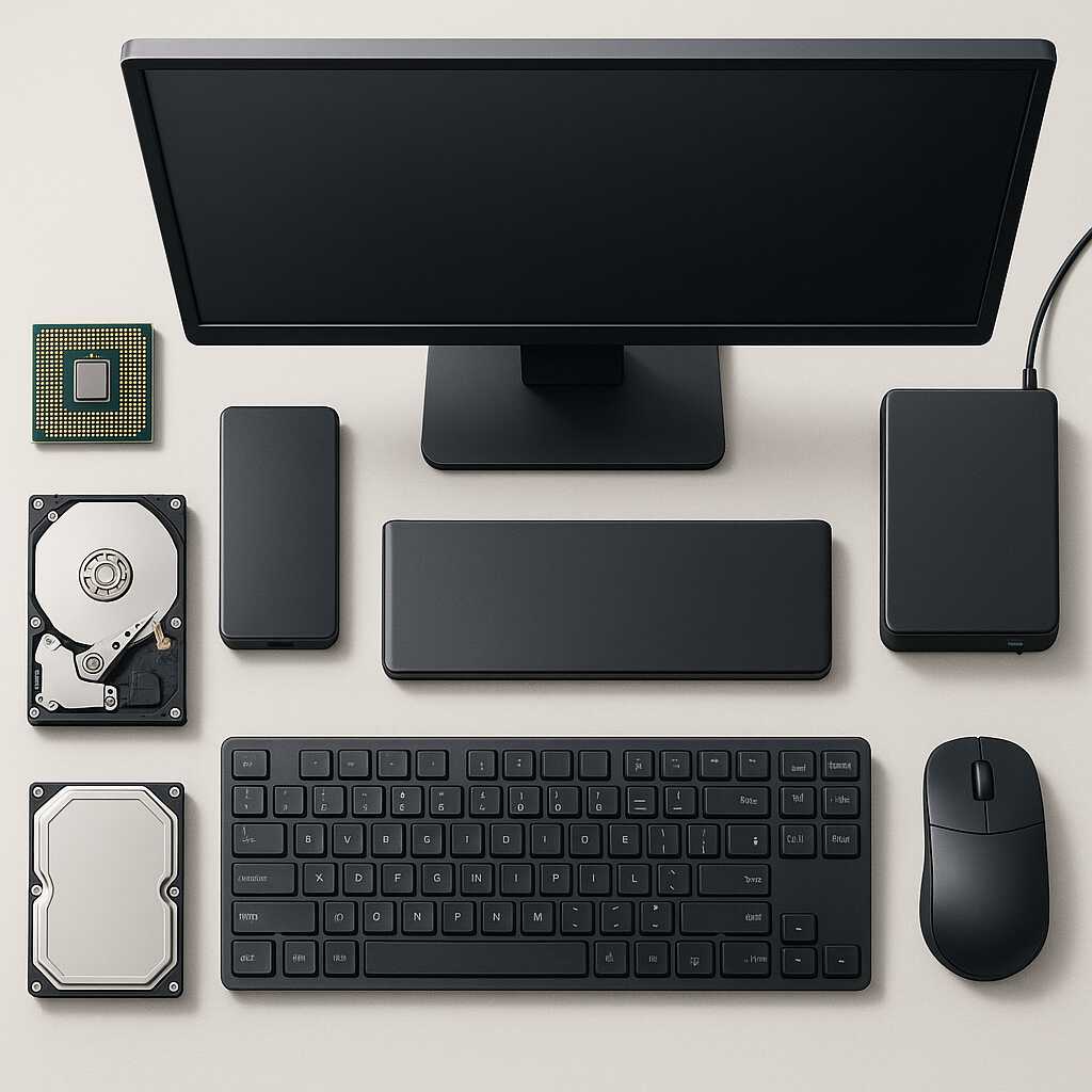 Ilustrasi komponen perangkat keras komputer dalam sebuah setup meja kerja modern