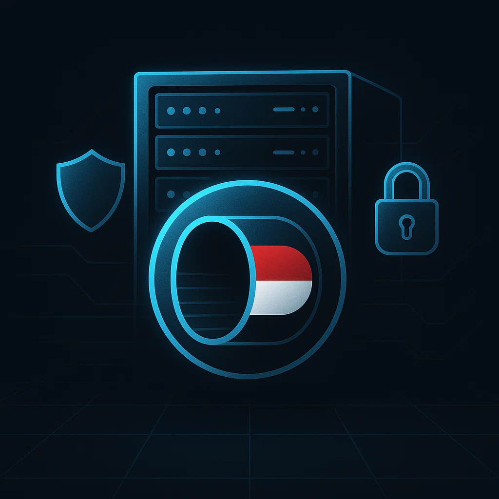 Ilustrasi koneksi SSH aman di server Indonesia dengan ikon keamanan dan jaringan terenkripsi