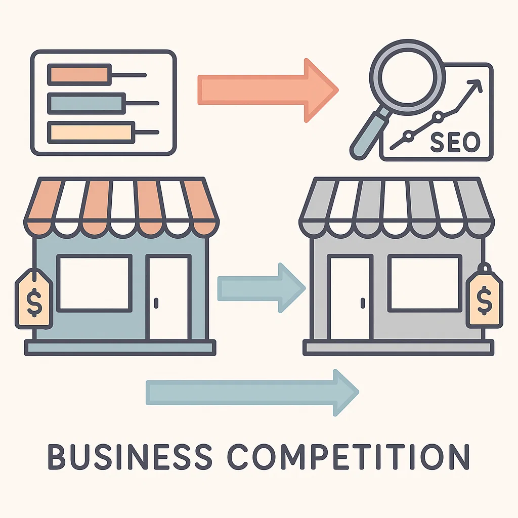 Ilustrasi konsep kompetitor bisnis dengan grafik strategi dan perbandingan