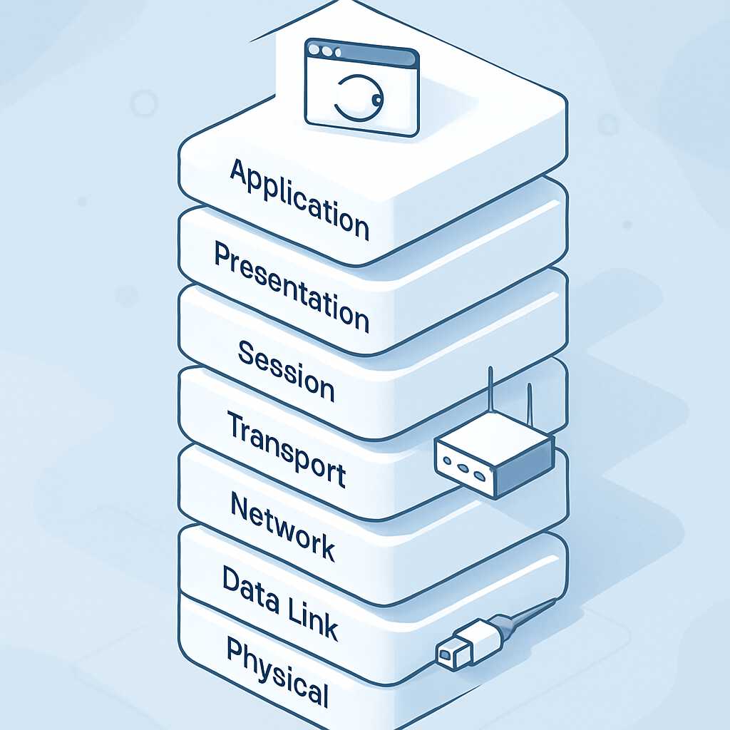Ilustrasi konsep komunikasi jaringan berdasarkan lapisan OSI yang berurutan