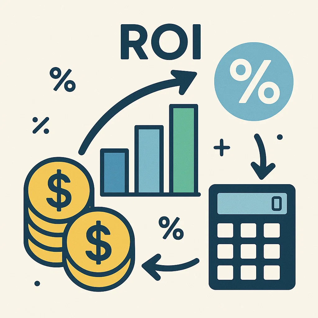 Ilustrasi konsep return on investment dengan simbol uang, kalkulator, dan grafik keuntungan