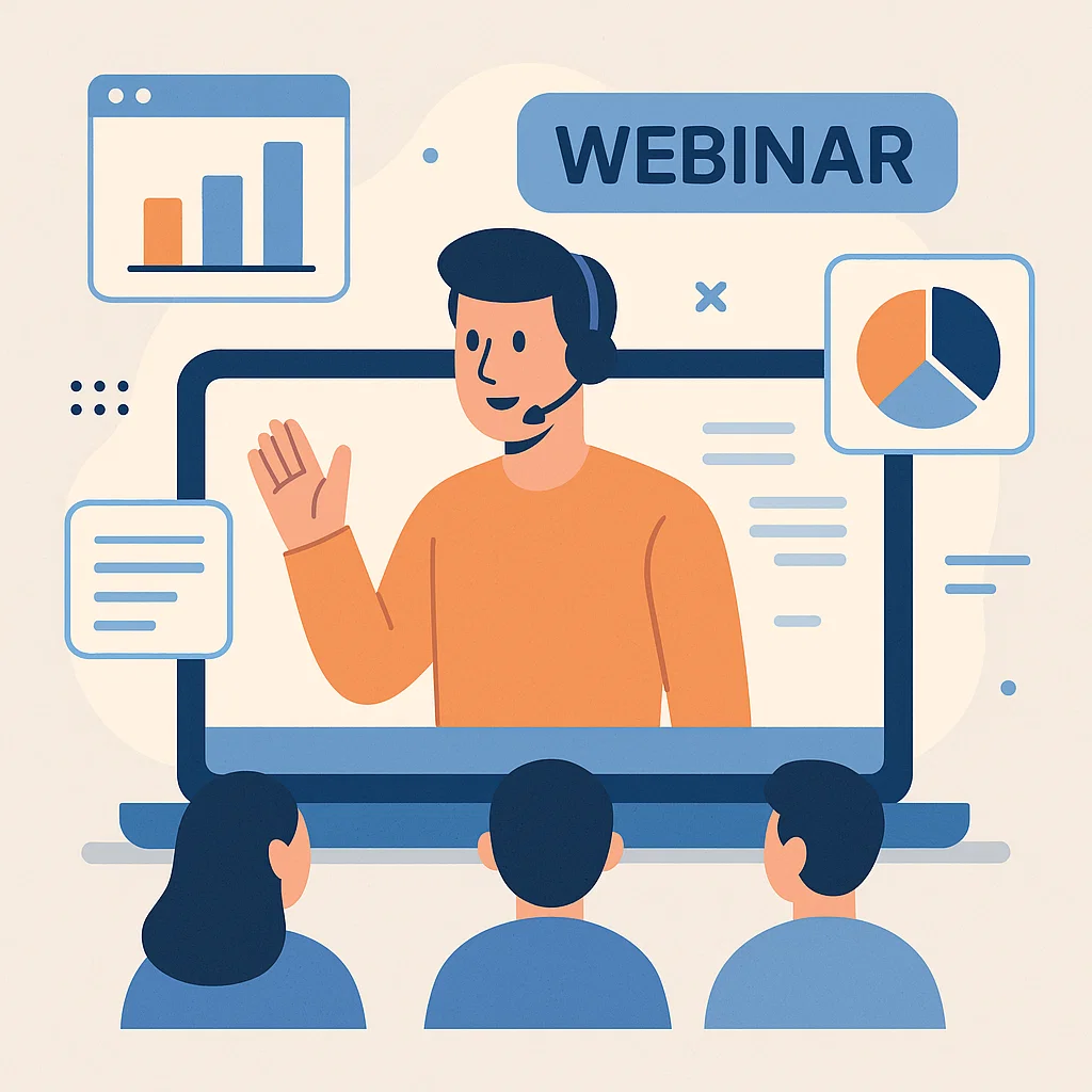 Ilustrasi konsep webinar seminar online dengan banyak peserta dari berbagai tempat