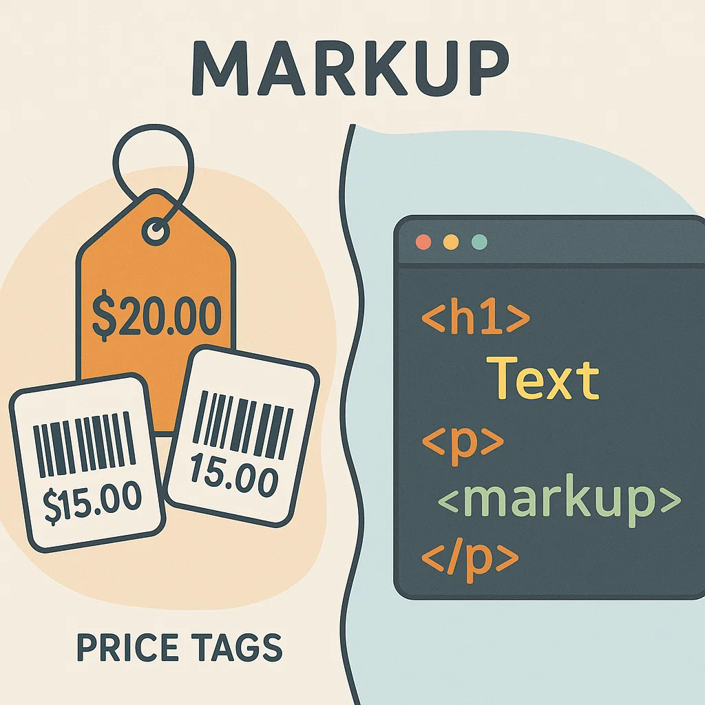 Ilustrasi markup dalam konteks harga dan markup HTML dalam pengembangan web