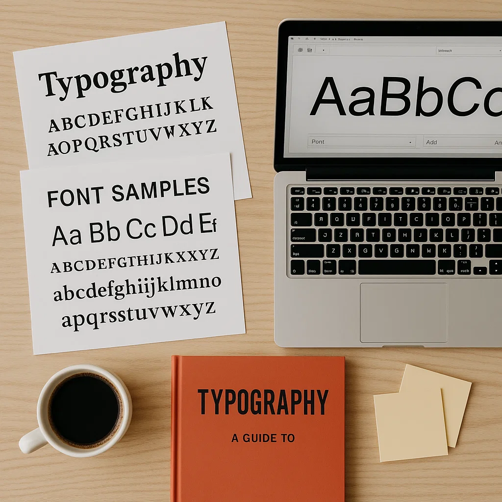 Ilustrasi meja kerja desainer dengan berbagai sampel font dan alat bantu tipografi