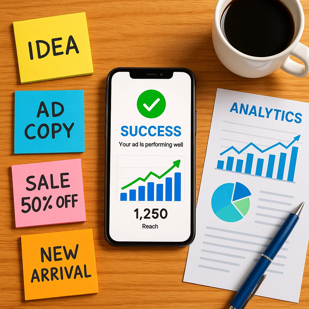 Ilustrasi meja kerja saat merancang iklan digital yang menarik dan efektif