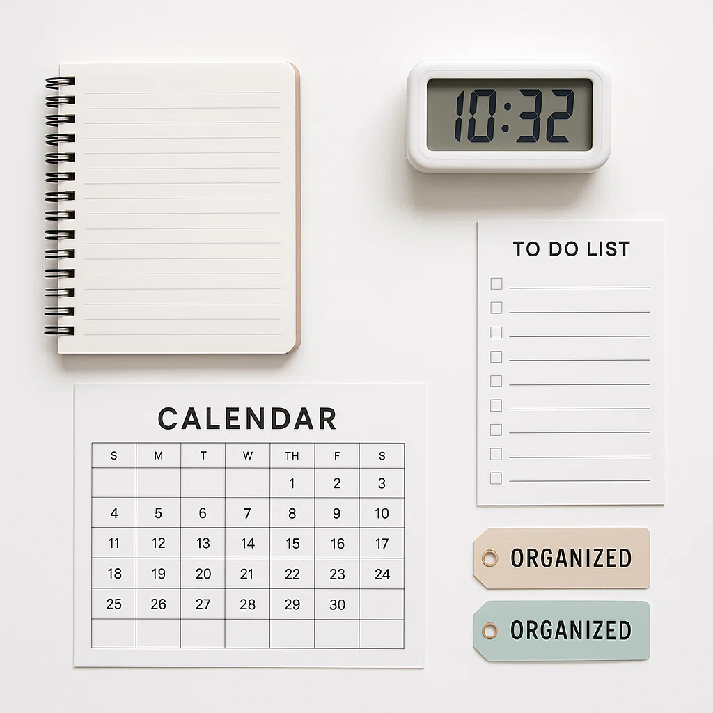 Ilustrasi meja kerja yang rapi dan terorganisir dengan to-do list, kalender, dan catatan prioritas