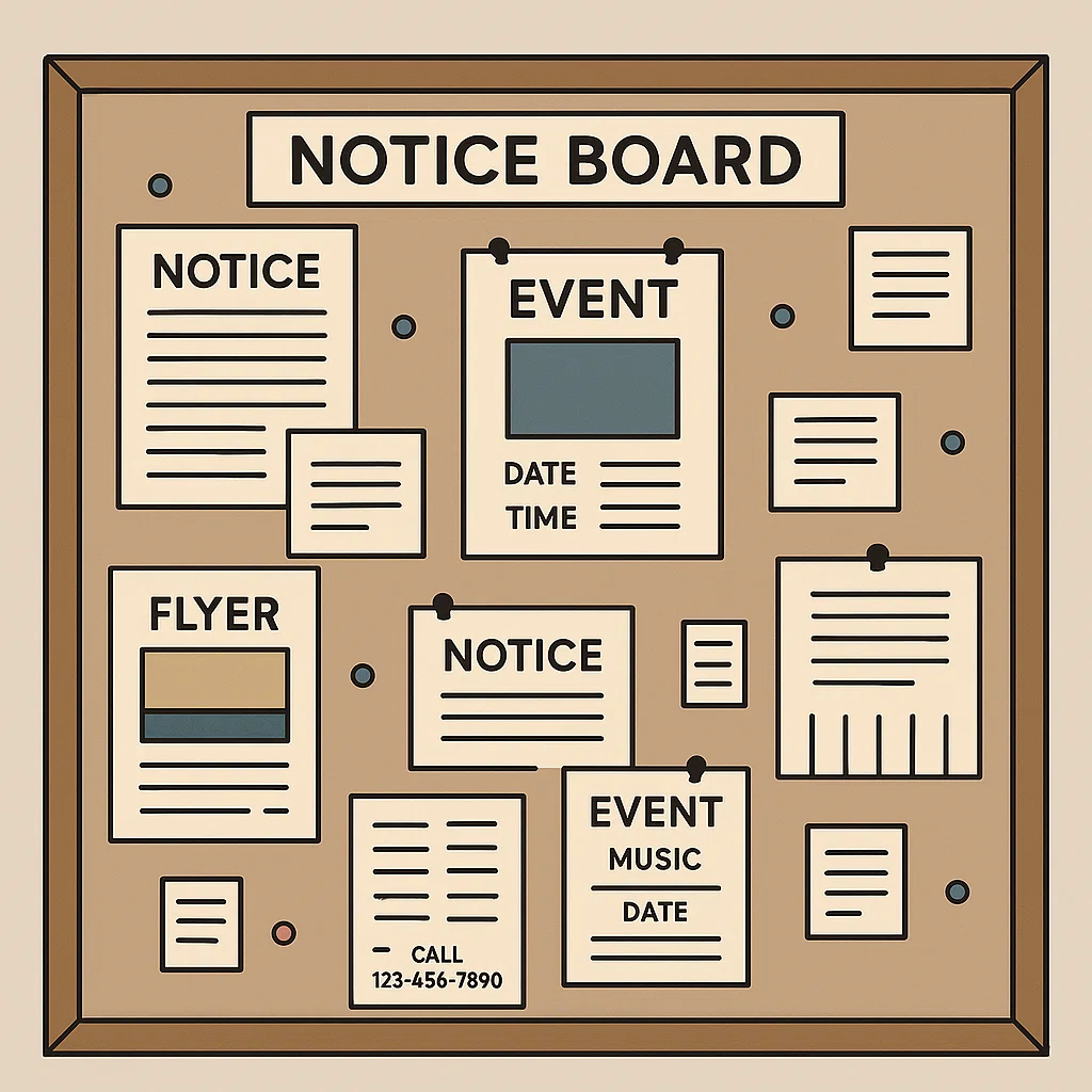 Ilustrasi papan pengumuman dengan berbagai contoh iklan pemberitahuan untuk umum dan bisnis